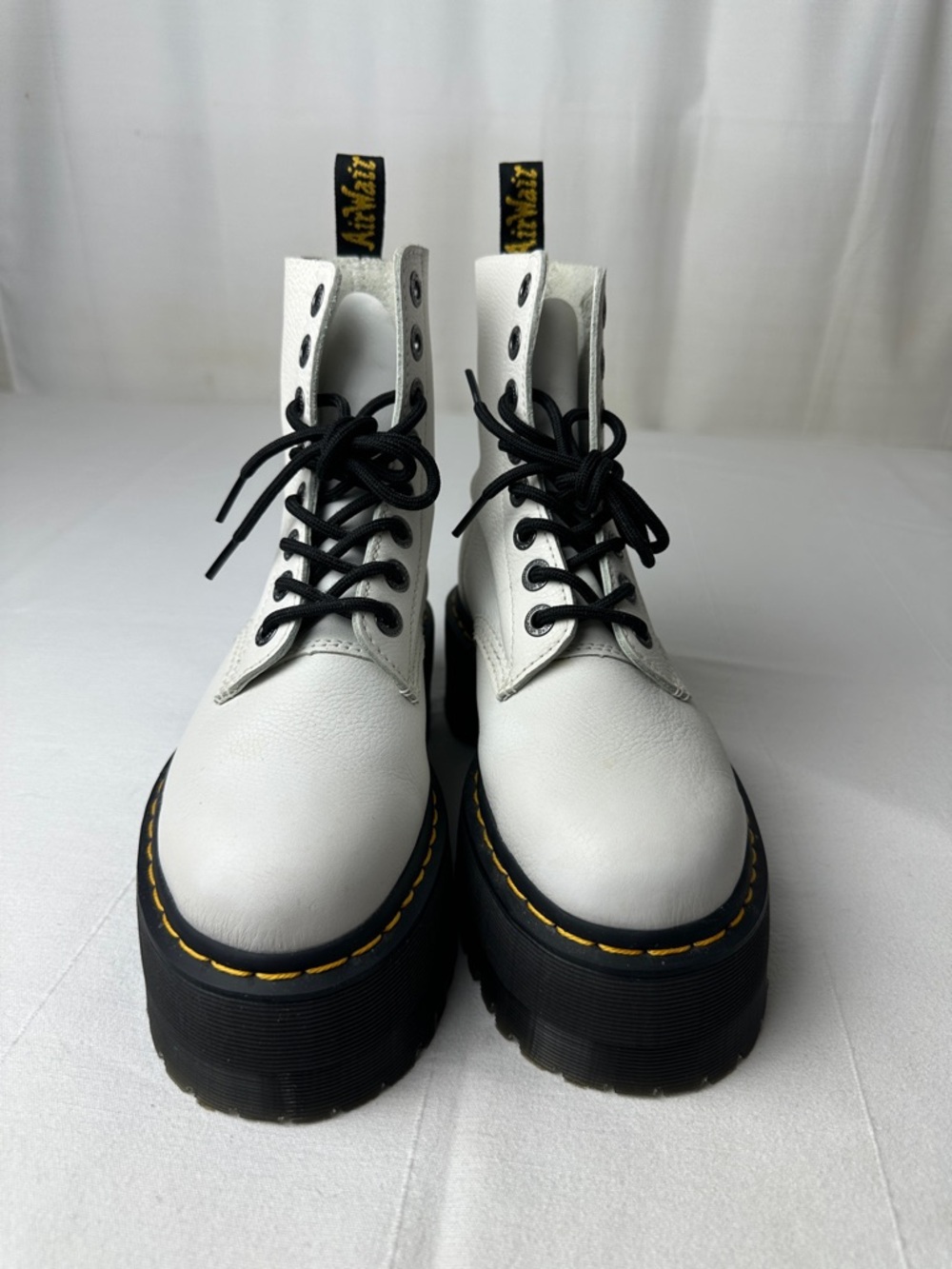 Dr. Martens White Leather Platform Lace-Up Boots with Black Sole